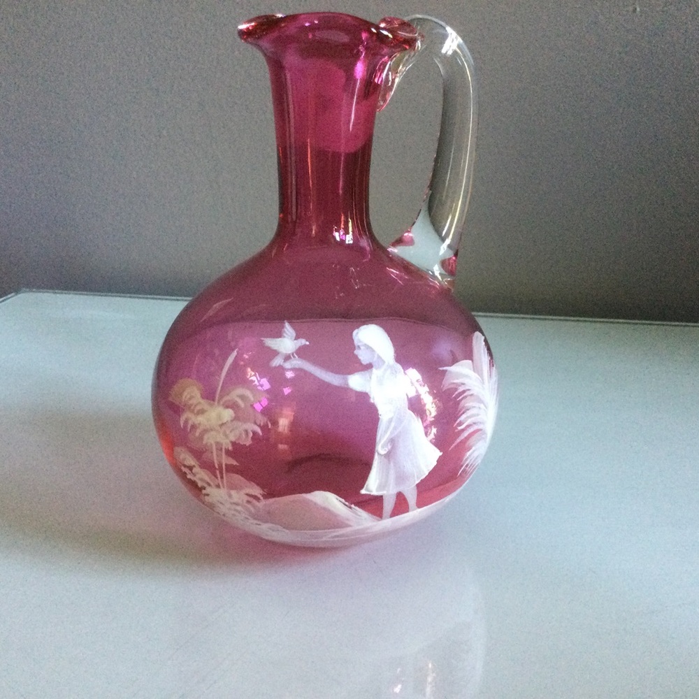 Fenton Mary Gregory Cranberry Girl With Bird Small Pitcher